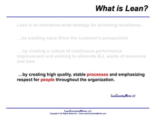 LeanConsultingWorks, LLC
Copyright © All Rights Reserved | www.LeanConsultingWorks.com
Lean is an enterprise-wide strategy for achieving excellence…
...by creating value (from the customer's perspective)
…by creating a culture of continuous performance
improvement and working to eliminate ALL waste of resources
and time
…by creating high quality, stable processes and emphasizing
respect for people throughout the organization.
LeanConsultingWorks, LLC
What is Lean?
 