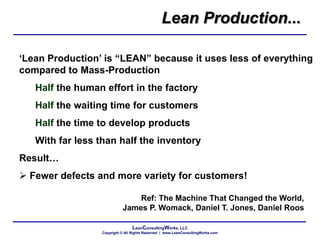 LeanConsultingWorks, LLC
Copyright © All Rights Reserved | www.LeanConsultingWorks.com
Lean Production...
„Lean Production‟ is “LEAN” because it uses less of everything
compared to Mass-Production
Half the human effort in the factory
Half the waiting time for customers
Half the time to develop products
With far less than half the inventory
Result…
 Fewer defects and more variety for customers!
Ref: The Machine That Changed the World,
James P. Womack, Daniel T. Jones, Daniel Roos
 