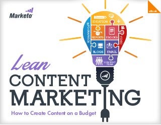 Lean
How to Create Content on a Budget
MARKET
CONTENT
NG
IDEATION
BLOGS EMAIL
CONTENT
TEAM
EBOOKS
INFOGRAPHICS
VIDEO
eBook
IDEATION
BLOGS EMAIL
CONTENT
TEAM
EBOOKSREPORTS
INFOGRAPHICS
VIDEO
 