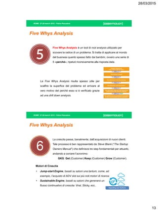 28/03/2015
13
ROME 27-28 march 2015 - Felice Pescatore
Five Whys Analysis
Five Whys Analysis è un tool di root analysis utilizzato per
scovare la radice di un problema. Si tratta di applicare al mondo
del business quanto spesso fatto dai bambini, ovvero una serie di
5 «perché», ripetuti ricorsivamente alla risposta data.
La Five Whys Analysis risulta spesso utile per
scalfire la superfice del problema ed arrivare al
vero motivo del perché esso si è verificato grazie
ad una drill down analysis.
ROME 27-28 march 2015 - Felice Pescatore
Five Whys Analysis
La crescita passa, banalmente, dall’acquisizioni di nuovi clienti.
Tale processo è ben rappresentato da Steve Blank (“The Startup
Owners Manual”) che definisce tre step fondamentali per attuarlo,
andando a coniare l’acronimo:
GKG: Get (Customer) Keep (Customer) Grow (Customer).
Motori di Crescita
• Jump-start Engine, basati su azioni una tantum, come, ad
esempio, l’acquisto di ADV slot sui più noti motori di ricerca;
• Sustainable Engine, basati su azioni che generano un
flusso continuativo di crescita: Viral, Sticky, ecc..
 