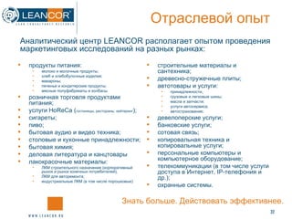 Отраслевой опыт   продукты питания:  молоко и молочные продукты;  хлеб и хлебобулочные изделия;  макароны;  печенье и кондитерские продукты;  мясные полуфабрикаты и колбасы розничная торговля продуктами питания;  услуги HoReCa ( гостиницы, рестораны, кейтеринг );  сигареты;  пиво;  бытовая аудио и видео техника;  столовые и кухонные принадлежности;  бытовая химия; деловая литература и канцтовары лакокрасочные материалы:  ЛКМ строительного назначения (корпоративный рынок и рынок конечных потребителей);  ЛКМ для авторемонта;  индустриальные ЛКМ (в том числе порошковые) строительные материалы и сантехника;  древесно-стружечные плиты;  автотовары и услуги: принадлежности,  грузовые и легковые шины;  масла и запчасти;  услуги автосервиса;  автострахование;  девелоперские услуги; банковские услуги;  сотовая связь; копировальная техника и копировальные услуги;  персональные компьютеры и компьютерное оборудование;  телекоммуникации (в том числе услуги доступа в Интернет, IP-телефония и др.);  охранные системы. Аналитический центр  LEANCOR  располагает опытом проведения маркетинговых исследований на разных рынках:  Знать больше. Действовать эффективнее. 