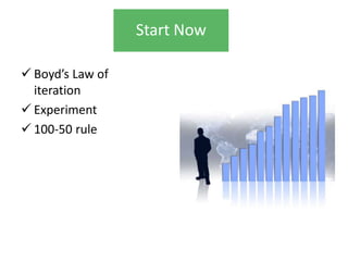 Start Now

 Boyd’s Law of
  iteration
 Experiment
 100-50 rule
 