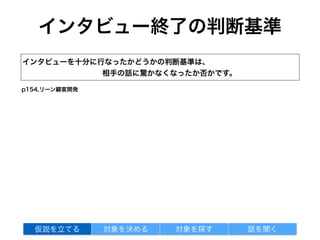 インタビュー終了の判断基準
対象を探す 話を聞く仮説を立てる 対象を決める
インタビューを十分に行なったかどうかの判断基準は、
相手の話に驚かなくなったか否かです。
p154,リーン顧客開発
 