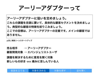 なぜエバンジェリストユーザ？
切実な課題を抱えてイライラしたり腹を立てたりしているからこそ、
あなたが作ろうとしている製品が、課題の解決に役立つかもしれないと期待して、
自分のメリットのために必要な情報を提供してくれるのです。
p37,リーン顧客開発
対象を探す 話を聞く仮説を立てる 対象を決める
 