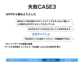 失敗CASE4
リモートリサーチの調査の結果
サービス利用者にインタビューをお願いしたときの成功率 数％
対象を探す 話を聞く仮説を立てる 対象を決める
身近な人で自分達のセグメントにマッチする人なんて難しい
人を集めるのがボトルネックになっている
MVPならすぐに作れるし作って人を呼び込もう
FB広告打っても全然インタビュー対象確保できない
全然ダメでした
対策：人に紹介してもらう集まる場所に行く
インタビュー対象をMVPから集めようとした
 