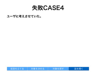 失敗CASE5
ユーザに考えさせていた。
課題って何ですか？
課題の重要度って、どの順番ですか？
今後は、どんなことをする予定ですか？
対象を探す 話を聞く仮説を立てる 対象を決める
解答は正しくないものばっかりだった
 