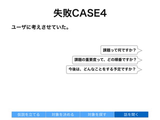 失敗CASE5
ユーザに考えさせていた。
課題って何ですか？
課題の重要度って、どの順番ですか？
今後は、どんなことをする予定ですか？
対象を探す 話を聞く仮説を立てる 対象を決める
対策：事実を聞く
解答は正しくないものばっかりだった
 