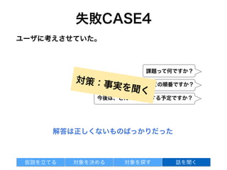 基本質問
• 現在は＿＿＿＿＿＿をどのような方法で行なっていますか？
• ＿＿＿＿＿＿を行なうときに、どのような［ツール／製品／アプリケーション
／裏ワザ］を使っていますか？
• もし魔法の を振って、できないことが何でもできるとしたら何をしますか？
• 前回＿＿＿＿＿＿を行なったとき、その直前には何をしていましたか？終了後
は何をしましたか？
• ＿＿＿＿＿＿について、他にわたしが尋ねるべきものは何かありますか？
p73,リーン顧客開発
対象を探す 話を聞く仮説を立てる 対象を決める
 