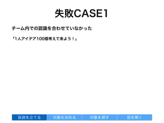 失敗CASE1
「1人アイデア100個考えて来よう！」
チーム内での認識を合わせていなかった
対象を探す 話を聞く仮説を立てる 対象を決める
 