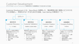 オリジナルなCustomer Development は顧客発見から組織構築までを含む長大な方法論 
14 
Customer Development 
Customer Development とは、Steve Blank の提唱した、製品開発の前に顧客とビジネスモ 
デルを検証し、失敗を少なくするための方法論。Lean Startup の源流の一つ。 
1 2 3 4 
顧客実証 
Customer Validation 
（有償販売と拡張性の確認） 
顧客発見 
Customer Discovery 
（ニーズの確認） 
組織構築 
Company Building 
（本格販売） 
顧客開拓 
Customer Creation 
（市場参入、需要開拓） 
ピボット 
自分という仮説が顧客の 
課題を解決するかどうか 
を検証するフェーズ 
• 仮説の記述 
• 仮説の検証と洗練 
• 製品コンセプトの検 
証と洗練 
• 確認 
顧客発見で検証されたア 
イデアで成長できるかを 
検証するステージ 
• 販売の準備 
• エバンジェリスト 
ユーザーへの販売 
• 企業と製品のポジ 
ショニング 
実証したビジネスモデル 
を実行して需要を開拓、 
顧客を獲得する 
• 市場投入の準備 
• 企業と製品のポジ 
ショニング 
• 製品の市場参入 
• 需要開拓 
ビジネスモデルを本格的 
に展開していくために組 
織化するステージ 
• メインストリーム顧 
客基盤の構築 
• 文化の課題 
• 機能別部門への移行 
• 即応性の向上 
 