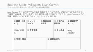 Business Model Validation: Lean Canvas 
リーンキャンバスを使うことで、ビジネスモデル全体の検証が行える 
Lean Canvas でビジネスモデル全体を俯瞰することができる。これらすべての項目につい 
て検証できれば、スタートアップの失敗率を低くすることができる。Lean Canvas はその 
意味で毎日のように変更が加わっていくものだと言える。 
① 課題(上位 
3 つ) 
(既存の代替 
品) 
⑦ コスト構造 
④ ソリュー 
ション 
③ 独自の価 
値提案 
⑨ 圧倒的な 
優位性 
② 顧客セグ 
メント 
(Early 
Adaptor) 
⑧ 主要指標⑤ チャネル 
⑥ 収益の流れ 
Running Lean – Lean Canvas p.27 19 
 