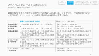 どのような人が顧客になりうるか 
Problem / 
Solution 
Fit 
顧客になりうる人と顧客にはなりそうにない人の違いは、インタビュー中の反応からおお 
よそ分かる。ただしいくつかの気を付けるべき微妙な差異がある。 
48 
Who Will be the Customers? 
顧客になりうる人の反応顧客ではない人の反応 
現在の課題に 
対する認識と 
対応状況 
「その課題を解決しようとしたことがありま 
す」 
「それをするために、今はこうしています」 
「そうする予定はあります」 
「まだ試したことはありませんが…」 
「そうしようと思っているのですが」 
課題の重要度「○○という理由があって、そのタスクをもっ 
と早く終わらせる必要があるんです」 
「このタスクを難しくしているいくつかの障害 
があるんです」 
「そのタスクを処理するのは不可能だと感じて 
ます」 
「他の人がこのタスクをどう処理しているの 
じゃは知りませんが…」 
ソリューショ 
ンへの興味 
「このソリューションがあれば本当にとても助 
かります」 
「もしこの製品があれば、きっとこういう風に 
使えるんじゃないかと思います」 
「この製品を試すのには興味があります」 
「仮にこの製品があったら、この課題にどう対 
処すればいいのか分かる気がします」 
ソリューショ 
ンの緊急性 
「今すぐ欲しいです」「近々ほしいです」 
「条件が整い次第ほしいですね」 
Find 
Earlyvang 
elists 
Get 
Interview 
ees 
Customer 
/ Problem 
Fit 
Solution / 
Product 
Fit 
 