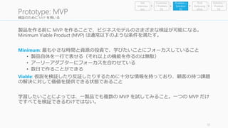 検証のためにMVP を用いる 
製品を作る前にMVP を作ることで、ビジネスモデルのさまざまな検証が可能になる。 
Minimum Viable Product (MVP) は通常以下のような条件を満たす。 
Minimum: 最も小さな時間と資源の投資で、学びたいことにフォーカスしていること 
• 製品自体を一行で表せる（それ以上の機能を作るのは無駄） 
• アーリーアダプターにフォーカスを合わせている 
• 数日で作ることができる 
Viable: 仮説を検証したり反証したりするために十分な情報を持っており、顧客の持つ課題 
の解決に対して価値を提供できる状態であること 
学習したいことによっては、一製品でも複数のMVP を試してみること。一つのMVP だけ 
ですべてを検証できるわけではない。 
51 
Prototype: MVP 
Problem / 
Solution 
Fit 
Find 
Earlyvang 
elists 
Get 
Interview 
ees 
Customer 
/ Problem 
Fit 
Solution / 
Product 
Fit 
 
