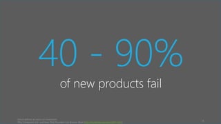 40 - 90% 
of new products fail 
failure defined as return on investment 
Why Companies Fail--and How Their Founders Can Bounce Back (http://hbswk.hbs.edu/item/6591.html) 
6 
 