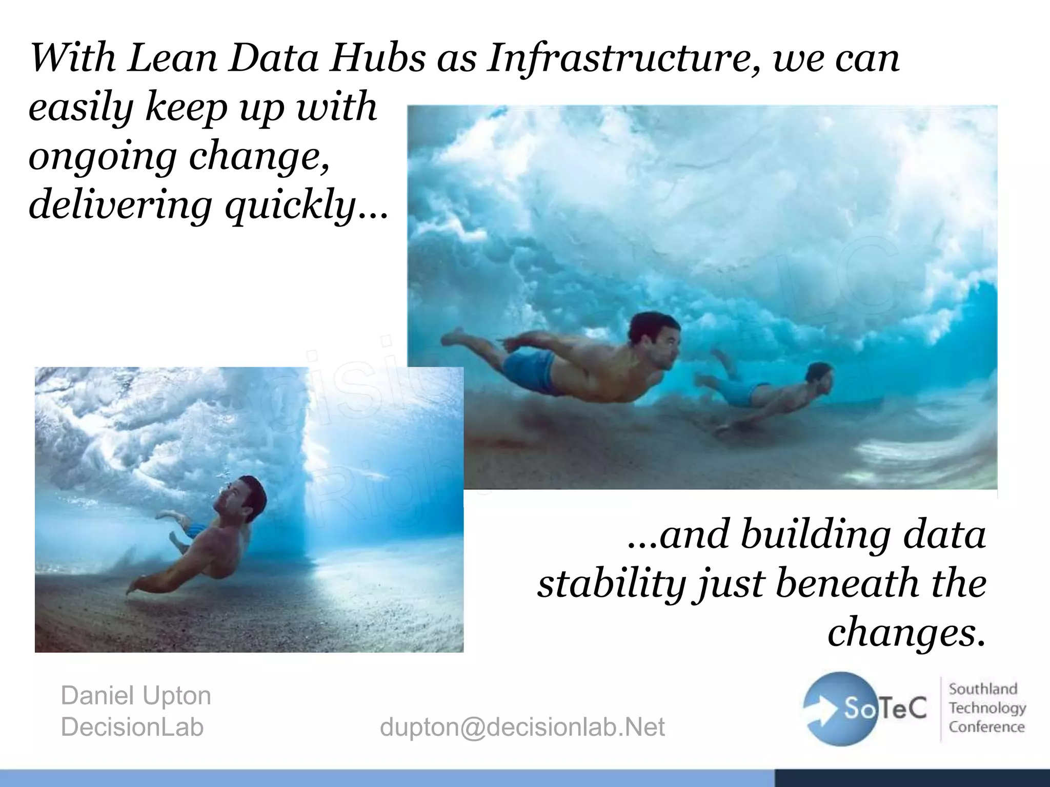 With Lean Data Hubs as Infrastructure, we can
easily keep up with
ongoing change,
delivering quickly…
Daniel Upton
DecisionLab dupton@decisionlab.Net
…and building data
stability just beneath the
changes.
 