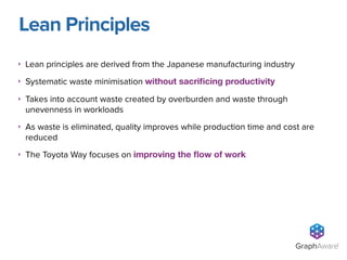 ‣ Lean principles are derived from the Japanese manufacturing industry
‣ Systematic waste minimisation without sacriﬁcing productivity
‣ Takes into account waste created by overburden and waste through
unevenness in workloads
‣ As waste is eliminated, quality improves while production time and cost are
reduced
‣ The Toyota Way focuses on improving the ﬂow of work
Lean Principles
GraphAware®
 