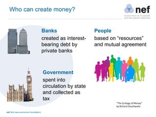 nef (the new economics foundation)
Who can create money?
Banks
created as interest-
bearing debt by
private banks
“The Ecology of Money”
by Richard Douthwaite
People
based on “resources”
and mutual agreement
Government
spent into
circulation by state
and collected as
tax
 