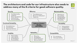 The architecture and code for our infrastructure also needs to
address many of the 8 criteria for good software quality.
QAware | 7
Software Product
Quality
(ISO 25010)
● Modularity
● Reusability
● Analysability
● Modiﬁability
● Testability
● Adaptability
● Installability
● Replaceability
● Conﬁdentiality
● Integrity
● Non-repudiation
● Authenticity
● Accountability
● Maturity
● Availability
● Fault Tolerance
● Recoverability
Maintainability
Portability
Security
Reliability
● Co-existence
● Interoperability
Compatibility
● Time Behaviour
● Resource Utilization
● Capacity
Efficiency
● Completeness
● Correctness
● Appropriateness
Functional Suitability
● Operability
● Learnability
● UI Aesthetics
● Accessibility
Usability
 