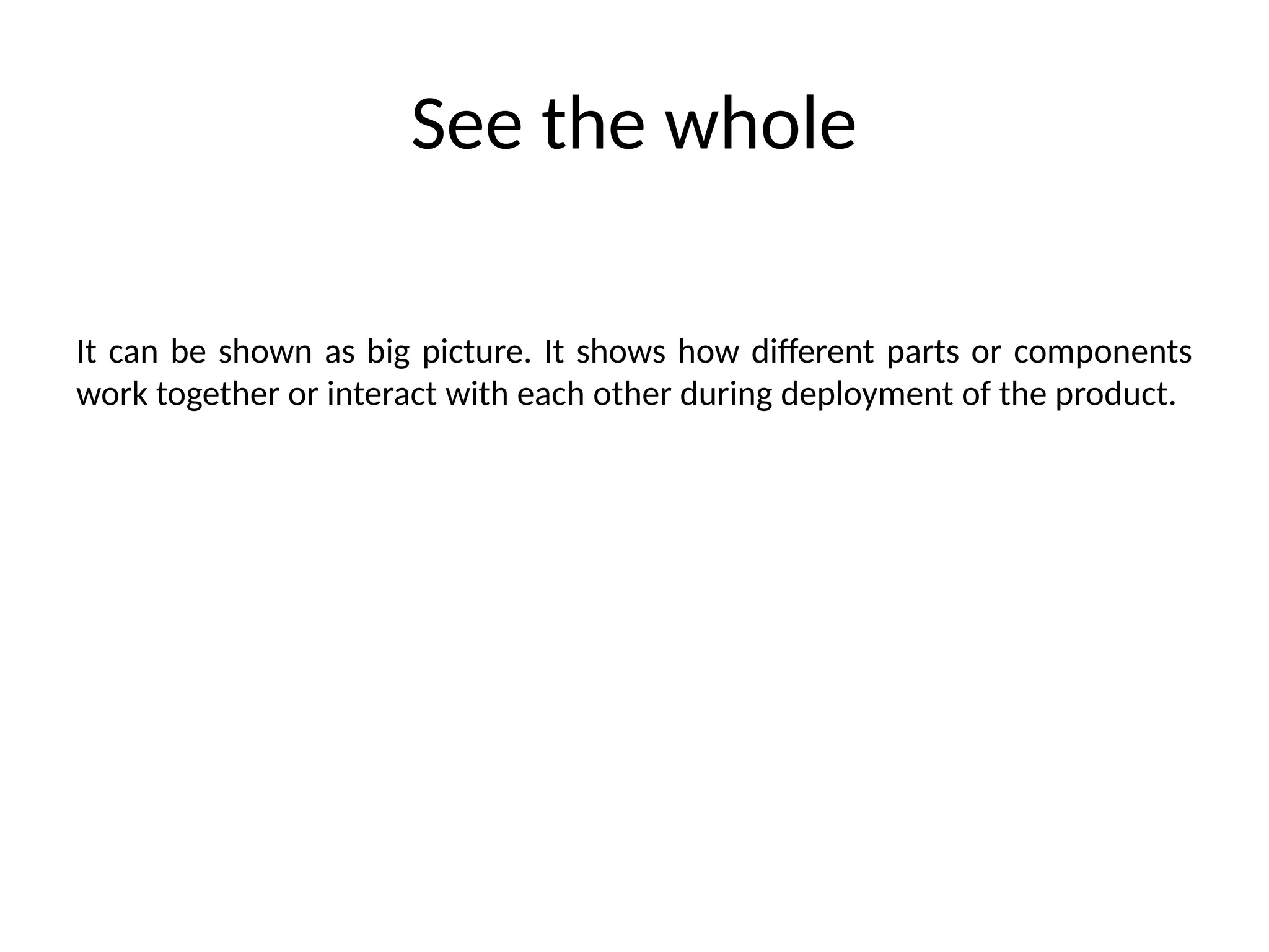 See the whole
It can be shown as big picture. It shows how different parts or components
work together or interact with each other during deployment of the product.
 