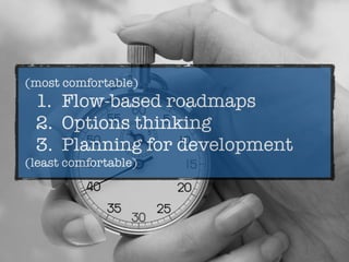 (most comfortable)
1. Flow-based roadmaps
2. Options thinking
3. Planning for development
(least comfortable)
 