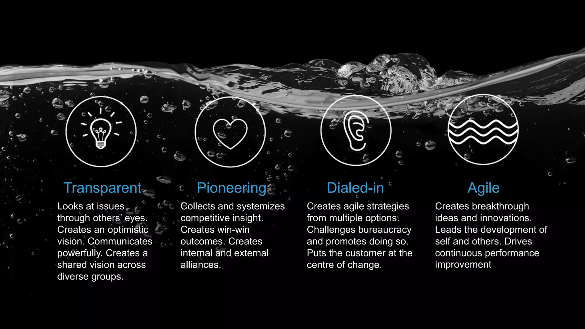 Transparent
Looks at issues
through others’ eyes.
Creates an optimistic
vision. Communicates
powerfully. Creates a
shared vision across
diverse groups.
Pioneering Dialed-in Agile
Collects and systemizes
competitive insight.
Creates win-win
outcomes. Creates
internal and external
alliances.
Creates agile strategies
from multiple options.
Challenges bureaucracy
and promotes doing so.
Puts the customer at the
centre of change.
Creates breakthrough
ideas and innovations.
Leads the development of
self and others. Drives
continuous performance
improvement.
 