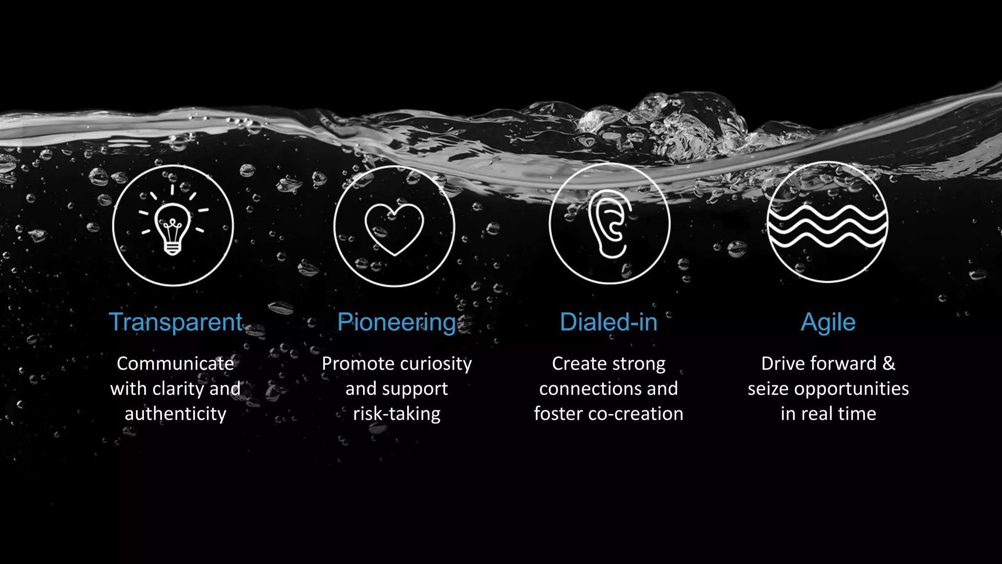 Transparent
Communicate
with clarity and
authenticity
Pioneering
Promote curiosity
and support
risk-taking
Dialed-in
Create strong
connections and
foster co-creation
Agile
Drive forward &
seize opportunities
in real time
 