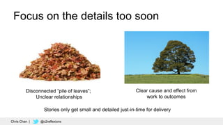 3
Focus on the details too soon
Clear cause and effect from
work to outcomes
Disconnected “pile of leaves”;
Unclear relationships
Stories only get small and detailed just-in-time for delivery
Chris Chan | @c2reflexions
 