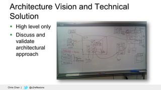 34
Architecture Vision and Technical
Solution
 High level only
 Discuss and
validate
architectural
approach
Chris Chan | @c2reflexions
 