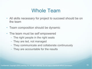 CONCEPTS Concepts Whole Team Open Workspace T-Shaped People Sustainable Pace Big Visible Charts Frequent Releases Story Card Wall Roadblocks Process Scrum Framework Product Backlog Story Card Writing Estimation/Sizing Release Planning Sprint/Iterations Sprint/Iteration Planning Daily Scrum/Stand Up Show & Tell Retrospectives Velocity Customer Collaboration Kanban 