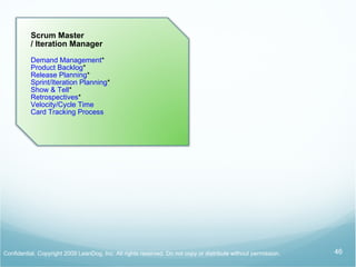 Velocity Track number of units completed in an iteration Yesterday's weather Best estimate of what you can complete in the current iteration is what you completed in previous iteration Plan using trailing average, 3 two week iterations Estimate time based on velocity Don ’ t compare teams 