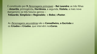 É constituído por 9 Personagens principais – Rei Leandro; as três filhas
– Amarílis, primogénita, Hortênsia, a segunda, Violeta, a mais nova
(benjamim); os três futuros genros –
Felizardo, Simplício e Reginaldo; o Bobo; oPastor.
As Personagens secundárias são o Conselheiro, o Escrivão e
os Criados e Criadas, que intervêm nosCoros.
 