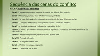 Sequência das cenas do conflito:
II ACTO: A Retoma da Felicidade
• Cena I- O passado majestoso, o presente de miséria nas falas do Rei e do Bobo.
• Cena II- O Pastor dá guarida e ouve a história contada pelo Bobo.
• Cena III- Luz para flash-back sobre o passado: a expulsão do Rei pelas filhas mais velhas.
• Cena IV- O conselho do Pastor ao Bobo: procurar Violeta e contar-lhe a história.
• Cena V – A denúncia do Pastor a Violeta sobre o paradeiro do Rei.
• Cena VI- O Reino a que pertence o Pastor (Reino de Reginaldo e Violeta): de felicidade, democracia, de
não violência.
• Cena VII- Regresso ao presente: preparativos para receber o Pai.
• Cena VIII- Perto da felicidade.
• Cena IX- Um rei gradualmente feliz.
• Cena X- A história contada por Reginaldo.
• Cena XI- O desenlace: um rei feliz.
•
 