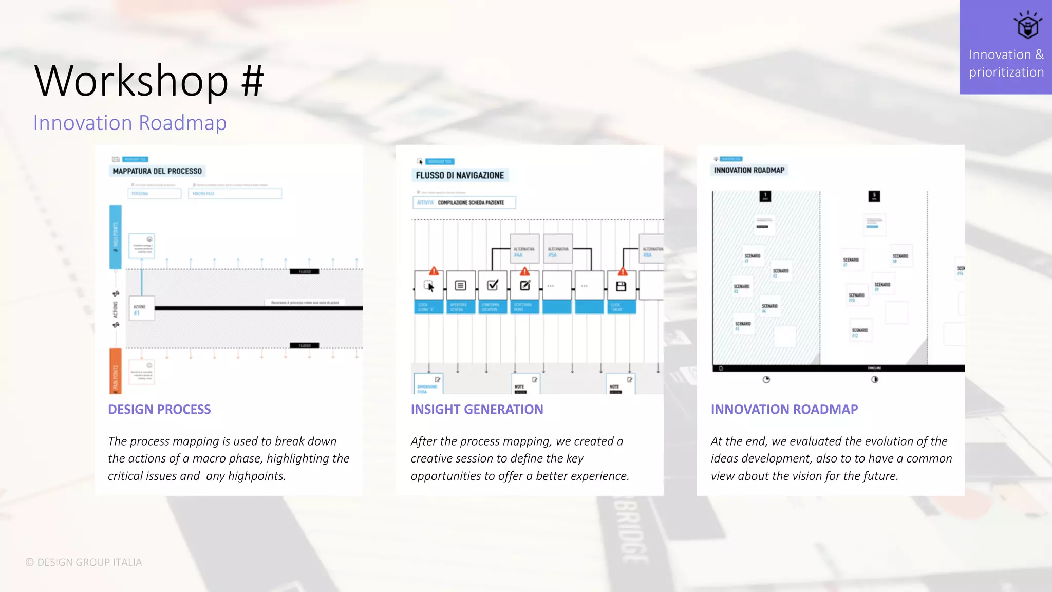 Workshop	#
Innovation	Roadmap
Innovation	&	
prioritization
DESIGN	PROCESS
The	process	mapping	is	used	to	break	down	
the	actions	of	a	macro	phase,	highlighting	the	
critical	issues	and		any	highpoints.
©	DESIGN	GROUP	ITALIA
INSIGHT	GENERATION
After	the	process	mapping,	we	created	a	
creative	session	to	define	the	key	
opportunities	to	offer	a	better	experience.
INNOVATION	ROADMAP
At	the	end,	we	evaluated	the	evolution	of	the	
ideas	development,	also	to	to	have	a	common	
view	about	the	vision	for	the	future.
 
