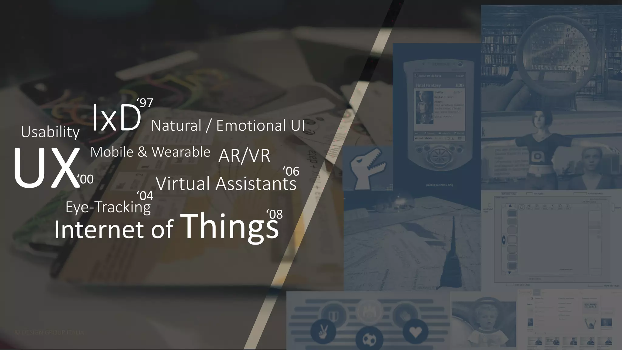 ©	DESIGN	GROUP	ITALIA
UX
Internet	of	Things
IxD
Virtual	Assistants
Eye-Tracking
Usability
Mobile	&	Wearable AR/VR
Natural	/	Emotional	UI
‘97
‘00
‘08
‘06
‘04
 