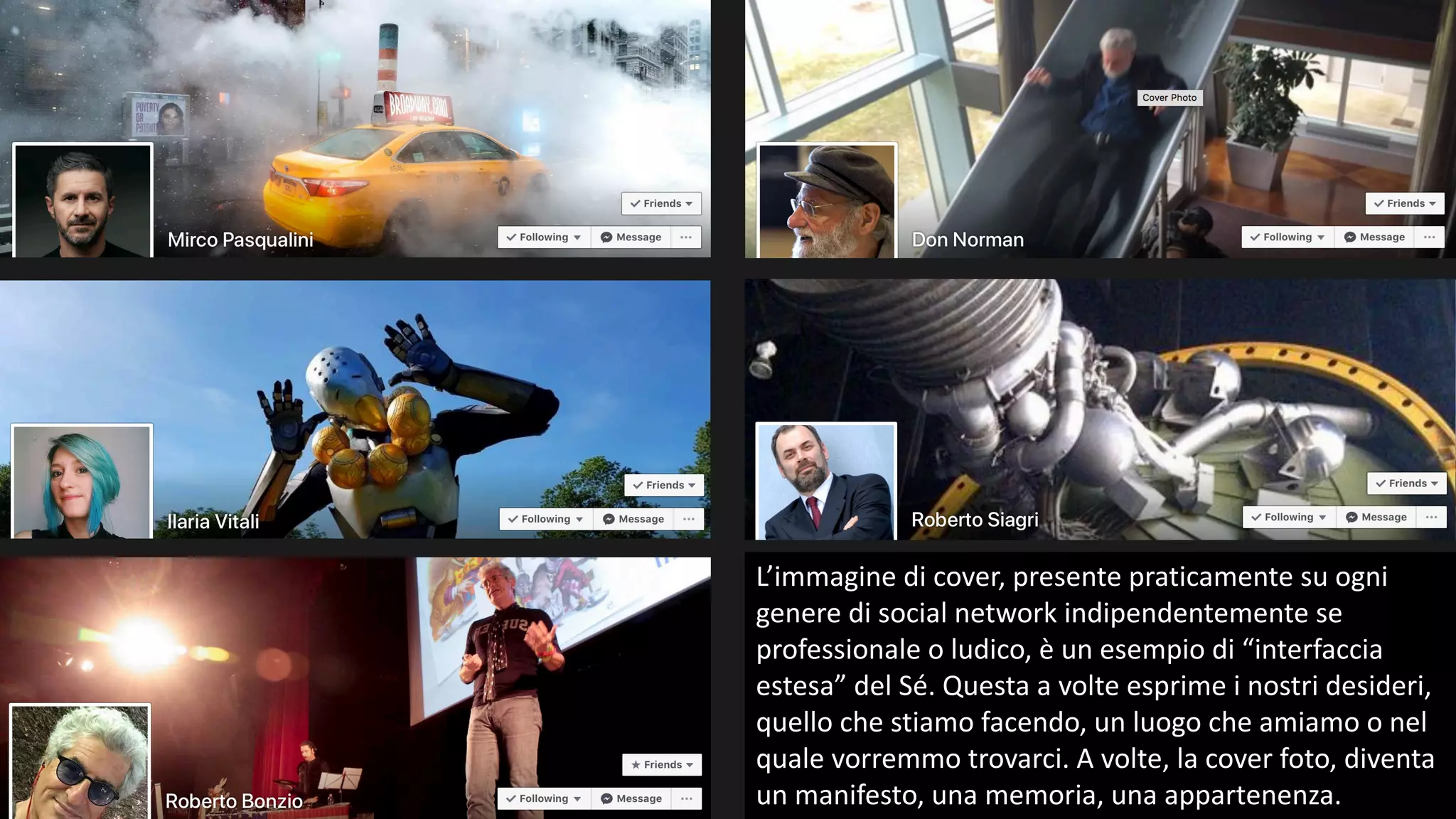 41
L’immagine	di	cover,	presente	praticamente	su	ogni	
genere	di	social	network	indipendentemente	se	
professionale	o	ludico,	è	un	esempio	di	“interfaccia	
estesa”	del	Sé.	Questa	a	volte	esprime	i	nostri	desideri,	
quello	che	stiamo	facendo,	un	luogo	che	amiamo	o	nel	
quale	vorremmo	trovarci.	A	volte,	la	cover	foto,	diventa	
un	manifesto,	una	memoria,	una	appartenenza.
 