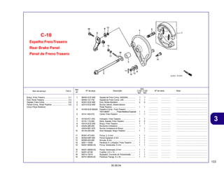 133
30.09.04
3
Item de serviço T.M.O. Nº da peça Descrição Nº de série Nota
Ref.
Nº
Qtd.
C100 C105
BIZ BIZ
Espelho FreioTraseiro
Rear Brake Panel
Panel de Freno Trasero
C-10
1 06430-GCE-900 Sapata de Freio Comp. (NISSIN) ............. 1 1 ................. ................. ........................................................
06450-121-730 Sapata de Freio Comp. (JB) .................... 1 1 ................. ................. ........................................................
2 42301-GCE-900 Eixo, Roda Dianteira ............................... 2 2 ................. ................. ........................................................
3 42313-GCE-900 Bucha Lateral, Distanciadora,
Roda Traseira .......................................... 1 1 ................. ................. ........................................................
4 43100-GCE-900ZA Espelho Comp., Freio Traseiro ................ ................. ................. ........................................................
*NH109MS* ........... Prata Metálica Especial 1 1 ................. ................. ........................................................
5 43141-400-010 Came, FreioTraseiro ............................... 1 1 ................. ................. ........................................................
6 43145-KC1-000 Indicador, Freio Traseiro .......................... 1 1 ................. ................. ........................................................
7 43151-110-000 Mola, Sapata, Freio Traseiro ................... 2 2 ................. ................. ........................................................
8 43410-GCE-900 Braço, Freio Traseiro ............................... 1 1 ................. ................. ........................................................
9 43434-286-000 Borracha Limitadora ................................ 1 - ................. ................. ........................................................
43434-ME1-670 Bucha Limitadora do Braço ..................... - 1 ................. ................. ........................................................
10 45134-250-000 Anel Vedação, Braço Traseiro ................. 1 1 ................. ................. ........................................................
11 90301-473-003 Porca, U, 6 mm ....................................... 1 1 ................. ................. ........................................................
12 90302-KBP-900 Porca Especial, 6 mm ............................. 1 1 ................. ................. ........................................................
13 90505-425-000 Arruela, 8 mm .......................................... 1 1 ................. ................. ........................................................
14 92811-10000 Parafuso A, Limitador, Freio Traseiro ...... 1 1 ................. ................. ........................................................
15 94001-06000-0S Porca, Sextavada, 6 mm ........................ 1 1 ................. ................. ........................................................
16 94001-08000-0S Porca, Sextavada, 8 mm ........................ 1 1 ................. ................. ........................................................
17 94201-20150 Cupilha, 2,0 x 15 ..................................... 1 1 ................. ................. ........................................................
18 95014-10010 Ajustador, Corrente de Transmissão ....... 1 1 ................. ................. ........................................................
19 95701-06035-00 Parafuso Flange, 6 x 35 .......................... 1 1 ................. ................. ........................................................
Braço, Freio Traseiro ......................................... 0,1
Eixo, Roda Traseira ........................................... 0,3
Sapata, Freio Comp. ......................................... 0,4
Painel Comp., Roda Traseira ............................. 0,5
(Inclui Peça Relativa)
 