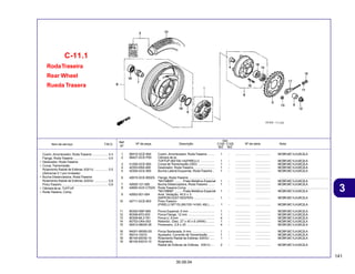 141
30.09.04
3
Item de serviço T.M.O. Nº da peça Descrição Nº de série Nota
Ref.
Nº
Qtd.
C100 C105
BIZ BIZ
RodaTraseira
Rear Wheel
Rueda Trasera
C-11.1
1 06410-GCE-900 Coxim, Amortecedor, RodaTraseira ........ 1 - ................. ................. MCBR,MC1LA,MC2LA
2 06427-GCE-P00 Câmara de ar,
TUFFUP (80/100-14)(PIRELLI) ................ 1 - ................. ................. MCBR,MC1LA,MC2LA
3 41200-GCE-900 Coroa de Transmissão (35D) ................... 1 - ................. ................. MCBR,MC1LA,MC2LA
4 42303-KBA-900 Deslizador, Roda Traseira ....................... 1 - ................. ................. MCBR,MC1LA,MC2LA
5 42304-GCE-900 Bucha Lateral Esquerda, Roda Traseira .. 1 - ................. ................. MCBR,MC1LA,MC2LA
6 42615-GCE-900ZA Flange, Roda Traseira ............................. ................. ................. ........................................................
*NH109MS* ........ Prata Metálica Especial 1 - ................. ................. MCBR,MC1LA,MC2LA
7 42620-121-000 Bucha Distanciadora, Roda Traseira ....... 1 - ................. ................. MCBR,MC1LA,MC2LA
8 42650-GCE-C70ZA Roda Traseira Comp. ............................... ................. ................. ........................................................
*NH109MS* ........ Prata Metálica Especial 1 - ................. ................. MCBR,MC1LA,MC2LA
9 42653-001-004 Anel, Vedação, 40,5 x 3
(NIPPON DUST KEEPER) ....................... 1 - ................. ................. MCBR,MC1LA,MC2LA
10 42711-GCE-903 Pneu Traseiro
(PIRELLI MT15) (80/100-14 M/L 49L) ...... 1 - ................. ................. MCBR,MC1LA,MC2LA
11 90302-KBP-900 Porca Especial, 6 mm ............................. 1 - ................. ................. MCBR,MC1LA,MC2LA
12 90306-KF0-003 Porca Flange, 12 mm .............................. 1 - ................. ................. MCBR,MC1LA,MC2LA
13 90309-ML3-791 Porca U, 8 mm ........................................ 4 - ................. ................. MCBR,MC1LA,MC2LA
14 90753-GK4-003 Retentor, Óleo, 27 x 40 x 6 (ARAI) ......... 1 - ................. ................. MCBR,MC1LA,MC2LA
15 92912-08025-3E Prisioneiro, 2,8 x 25 ................................ 4 - ................. ................. MCBR,MC1LA,MC2LA
16 94001-06000-0S Porca Sextavada, 6 mm .......................... 1 - ................. ................. MCBR,MC1LA,MC2LA
17 95014-10010 Ajustador, Corrente de Transmissão ....... 1 - ................. ................. MCBR,MC1LA,MC2LA
18 96140-62030-10 Rolamento Radial de Esferas, 6203U ...... 1 - ................. ................. MCBR,MC1LA,MC2LA
19 96140-63010-10 Rolamento,
Radial de Esferas de Esferas, 6301U .... 2 - ................. ................. MCBR,MC1LA,MC2LA
Coxim, Amortecedor, Roda Traseira .................. 0,3
Flange, Roda Traseira ....................................... 0,4
• Deslizador, Roda Traseira
• Coroa, Transmissão
Rolamento Radial de Esferas, 6301U ............... 0,5
(Adicionar 0,1 por Unidade)
• Bucha Distanciadora, Roda Traseira
Rolamento Radial de Esferas, 6203U ............... 0,6
Pneu Traseiro .................................................... 0,9
• Câmara de ar, TUFFUP
• Roda Traseira, Comp.
 
