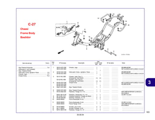 183
30.09.04
3
Item de serviço T.M.O. Nº da peça Descrição Nº de série Nota
Ref.
Nº
Qtd.
C100 C105
BIZ BIZ
Chassi
Frame Body
Bastidor
C-27
1 35010-GCE-D60 Chaves, Jogo .......................................... 1 - ................. ................. BR,MBR,MCBR
35010-GCE-900 ................................................................ 1 - ................. ................. MC1LA,MC2LA,M1LA,M2LA,1LA,2LA
- 1 ................. ................. ........................................................
2 35100-GCE-D60 Interruptor Comp., Ignição e Trava ......... 1 - ................. ................. BR,MBR,MCBR
35100-GCE-900 ................................................................ 1 - ................. ................. MC1LA,MC2LA,M1LA,M2LA,1LA,2LA
- 1 ................. ................. ........................................................
3 35121-KEJ-900 Chaves, Jogo (Tipo 1) ............................. ................. ................. ........................................................
(Chaves No. AXX /BXX) .......................... (1) (1) ................. ................. ........................................................
35122-KEJ-900 Chaves, Jogo (Tipo 2) ............................. ................. ................. ........................................................
(Chaves No. CXX /DXX) .......................... (1) (1) ................. ................. ........................................................
4 50100-GCE-D40 Chassi Comp ........................................... 1 - ................. ................. MC1LA,MC2LA,M1LA,M2LA,1LA,2LA
50100-GCE-D60 ................................................................ 1 - ................. ................. BR,MBR,MCBR
50100-GCE-940 ................................................................ - 1 ................. ................. ........................................................
5 50401-GCE-900 Alça, Traseira Direita ............................... 1 1 ................. ................. ........................................................
6 50402-GCE-900 Alça, Traseira Esquerda .......................... 1 1 ................. ................. ........................................................
7 90103-GBZ-000 Parafuso, Flange, 8 x 113 ....................... 1 1 ................. ................. MAG,MBR,MCBR,MC1LA,MC2LA,
M1LA,M2LA
95301-08110-00 Parafuso, Sextavado, 8 x 110 ................ 1 1 ................. ................. AG,BR,1LA,2LA
8 90116-001-010 Parafuso Superior, Fixação do Motor ...... 1 1 ................. ................. ........................................................
9 90164-028-000 Parafuso Travante, 6 x 12 ....................... 2 2 ................. ................. ........................................................
10 94030-08000 Porca Sextavada, 8 mm .......................... 1 1 ................. ................. ........................................................
11 94030-08000 Porca Sextavada, 8 mm .......................... 1 1 ................. ................. AG,BR,1LA,2LA
94050-08000 Porca Flange, 8 mm ................................ 1 1 ................. ................. MAG,MBR,MCBR,MC1LA,MC2LA,
M1LA,M2LA
12 94103-08800 Arruela, Lisa, 8 mm ................................. 2 2 ................. ................. ........................................................
13 94111-08000 Arruela, Pressão, 8 mm .......................... 1 1 ................. ................. ........................................................
14 95701-08014-00 Parafuso, Flange, 8 x 14 ........................ 4 4 ................. ................. ........................................................
Alça Traseira Esquerda ..................................... 0,4
(Adicionar 0,1 por Unidade)
• Alça, Traseira Direita
Interruptor Comp. Ignição e Trava ..................... 0,5
Chaves, Jogo .................................................... 0,7
Chassi Comp. ................................................... *5,0
 