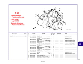 187
30.09.04
3
Item de serviço T.M.O. Nº da peça Descrição Nº de série Nota
Ref.
Nº
Qtd.
C100 C105
BIZ BIZ
Tampa Dianteira
• Protetor de Pernas
Front Cover
• Leg Shield
Cubierta Delantera
• Protector de Pernas
C-29
1 64310-GCE-E00ZA Tampa Dianteira
*NH-411M* .............. Prata Force Metálico 1 - ................. ................. MCBR,MC1LA,MC2LA
64310-GCE-E00ZB Tampa Dianteira
*B-182P* ........... Azul Cruzeiro Perolizado 1 - ................. ................. MCBR,MC1LA,MC2LA
64310-GCE-F20ZA Tampa Dianteira
*R-250* ....................... Vermelho Ipiranga 1 - ................. ................. BR,MBR,M1LA,M2LA,1LA,2LA
64310-GCE-F20ZB Tampa Dianteira *NH-1* ................... Preto 1 - ................. ................. BR,MBR,M1LA,M2LA,1LA,2LA
64310-GCE-F20ZC Tampa Dianteira
*PB-360P* ........... Azul Iguape Perolizado 1 - ................. ................. BR,MBR,M1LA,M2LA,1LA,2LA
64310-GCE-F20ZD Tampa Dianteira
*BG-129P* Verde Castelhanos Perolizado 1 - ................. ................. BR,MBR,M1LA,M2LA,1LA,2LA
64310-GCE-E10ZA Tampa Dianteira
*R-250* ....................... Vermelho Ipiranga - 1 ................. ................. ........................................................
64310-GCE-E10ZB Tampa Dianteira *NH-1* ................... Preto - 1 ................. ................. ........................................................
64310-GCE-E10ZC Tampa Dianteira
*PB-360P* ........... Azul Iguape Perolizado - 1 ................. ................. ........................................................
64310-GCE-E10ZD Tampa Dianteira
*BG-129P* Verde Castelhanos Perolizado - 1 ................. ................. ........................................................
2 64321-GCE-900ZC Protetor de Pernas .................................. ................. ................. ........................................................
*PB246R* .............................. Azul Aconit 1 - ................. ................. MCBR,MC1LA,MC2LA
64321-GCE-900ZD *NH1* .............................................. Preto 1 - ................. ................. BR,MBR,M1LA,M2LA,1LA,2LA
- 1 ................. ................. ........................................................
3 64325-GCE-900 Coxim, Protetor de Pernas ...................... 4 4 ................. ................. ........................................................
4 64345-GCE-900 Bucha Direita, Protetor de Pernas .......... 1 1 ................. ................. ........................................................
5 64346-GCE-900 Bucha Esquerda, Protetor de Pernas ..... 1 1 ................. ................. ........................................................
Tampa Dianteira ................................................ 0,1
Protetor de Pernas ........................................... 0,2
 