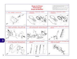 48
30.09.04
3
• O número de referência na ilustração do índice pode
ser diferente da que aparece no texto.
• Ref. No. on the index ilustration may be different from
that in the text.
• El número de referencia en la ilustración de índices
puede ser diferente del que aparece en el texto.
Grupo do Chassi
Frame Group
Grupo de Bastidor
C-1 Farol / Headlight / Unidad de Faro
C-2 Instrumentos / Speedometer / Medidor
Combinacion
C-2.1Instrumentos / Speedometer / Medidor
Combinacion
C-3 Alavancas • Interruptores • Cabos / Handle Lever
• Switch • Cable / Palancas • Interruptores • Cable
C-4 Guidão • Tampa do Guidão / Steering Handle • Handle
Cover / Tubo de Manubrio • Tapa Tubo de Manubrio
C-5 Coluna de Direção / Steering Stem / Varilla de
Dirección
C-6 Pára-lamaDianteiro•TampadoPára-lama/FrontFender•Front
Fork Cover / Parafango Delantero •Tapa Parafango Delantero
C-7 Garfo Dianteiro / Front Fork / Horquilla
Delantera
C-8 Espelho de Freio Dianteiro / Front Brake Panel
/ Panel Freno Delantero
 