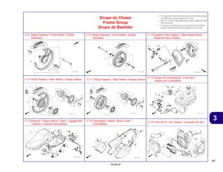 49
30.09.04
Grupo do Chassi
Frame Group
Grupo de Bastidor
3
• O número de referência na ilustração do índice pode
ser diferente da que aparece no texto.
• Ref. No. on the index ilustration may be different from
that in the text.
• El número de referencia en la ilustración de índices
puede ser diferente del que aparece en el texto.
C-9 Roda Dianteira / Front Wheel / Rueda
Delantera
C-9.1Roda Dianteira / Front Wheel / Rueda
Delantera
C-10 Espelho Freio Traseiro / Rear Brake Panel /
Panel de Freno Trasero
C-11 Roda Traseira / Rear Wheel / Rueda Trasera C-11.1Roda Traseira / Rear Wheel / Rueda Trasera
C-12 Tanque de Combustível / Fuel Tank /
Tanque de Combustible
C-13 Assento • Caixa Interna / Seat • Luggage Box
/ Asiento • Guarda Documentos
C-14 Carenagem Lateral / Body Cover /
Cubretablero
C-15 Filtro de Ar / Air Cleaner / Limpiador de Aire
 