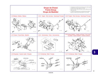 51
30.09.04
Grupo do Chassi
Frame Group
Grupo de Bastidor
3
• O número de referência na ilustração do índice pode
ser diferente da que aparece no texto.
• Ref. No. on the index ilustration may be different from
that in the text.
• El número de referencia en la ilustración de índices
puede ser diferente del que aparece en el texto.
C-25 Bateria / Battery / Bateria C-26 Fiação / Wire Harness / Alambraje Principal C-26.1Fiação / Wire Harness / Alambraje Principal
C-27 Chassi / Frame Body / Bastidor C-28 Ferramentas / Tools / Herramientas
C-29 Tampa Dianteira • Protetor de Pernas / Front Cover •
Leg Shield / Cubierta Delantera • Protector de Pernas
C-30 Etiquetas / Caution Label / Etiqueta C-31 Emblemas / Mark / Franjas C-31.1Emblemas / Mark / Franjas
 