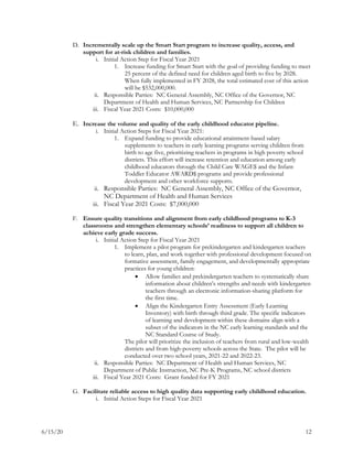 6/15/20 12
D. Incrementally scale up the Smart Start program to increase quality, access, and
support for at-risk children and families.
i. Initial Action Step for Fiscal Year 2021
1. Increase funding for Smart Start with the goal of providing funding to meet
25 percent of the defined need for children aged birth to five by 2028.
When fully implemented in FY 2028, the total estimated cost of this action
will be $532,000,000.
ii. Responsible Parties: NC General Assembly, NC Office of the Governor, NC
Department of Health and Human Services, NC Partnership for Children
iii. Fiscal Year 2021 Costs: $10,000,000
E. Increase the volume and quality of the early childhood educator pipeline.
i. Initial Action Steps for Fiscal Year 2021:
1. Expand funding to provide educational attainment-based salary
supplements to teachers in early learning programs serving children from
birth to age five, prioritizing teachers in programs in high poverty school
districts. This effort will increase retention and education among early
childhood educators through the Child Care WAGE$ and the Infant
Toddler Educator AWARD$ programs and provide professional
development and other workforce supports.
ii. Responsible Parties: NC General Assembly, NC Office of the Governor,
NC Department of Health and Human Services
iii. Fiscal Year 2021 Costs: $7,000,000
F. Ensure quality transitions and alignment from early childhood programs to K-3
classrooms and strengthen elementary schools’ readiness to support all children to
achieve early grade success.
i. Initial Action Step for Fiscal Year 2021
1. Implement a pilot program for prekindergarten and kindergarten teachers
to learn, plan, and work together with professional development focused on
formative assessment, family engagement, and developmentally appropriate
practices for young children:
 Allow families and prekindergarten teachers to systematically share
information about children’s strengths and needs with kindergarten
teachers through an electronic information-sharing platform for
the first time.
 Align the Kindergarten Entry Assessment (Early Learning
Inventory) with birth through third grade. The specific indicators
of learning and development within these domains align with a
subset of the indicators in the NC early learning standards and the
NC Standard Course of Study.
The pilot will prioritize the inclusion of teachers from rural and low-wealth
districts and from high-poverty schools across the State. The pilot will be
conducted over two school years, 2021-22 and 2022-23.
ii. Responsible Parties: NC Department of Health and Human Services, NC
Department of Public Instruction, NC Pre-K Programs, NC school districts
iii. Fiscal Year 2021 Costs: Grant funded for FY 2021
G. Facilitate reliable access to high quality data supporting early childhood education.
i. Initial Action Steps for Fiscal Year 2021
 