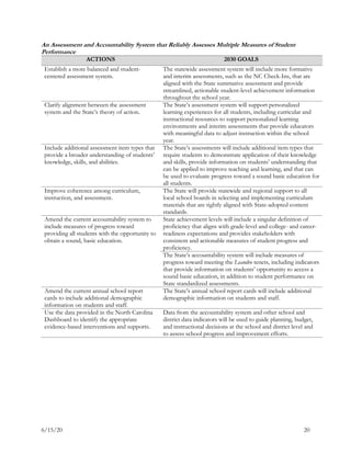 6/15/20 20
An Assessment and Accountability System that Reliably Assesses Multiple Measures of Student
Performance
ACTIONS 2030 GOALS
Establish a more balanced and student-
centered assessment system.
The statewide assessment system will include more formative
and interim assessments, such as the NC Check-Ins, that are
aligned with the State summative assessment and provide
streamlined, actionable student-level achievement information
throughout the school year.
Clarify alignment between the assessment
system and the State’s theory of action.
The State’s assessment system will support personalized
learning experiences for all students, including curricular and
instructional resources to support personalized learning
environments and interim assessments that provide educators
with meaningful data to adjust instruction within the school
year.
Include additional assessment item types that
provide a broader understanding of students’
knowledge, skills, and abilities.
The State’s assessments will include additional item types that
require students to demonstrate application of their knowledge
and skills, provide information on students’ understanding that
can be applied to improve teaching and learning, and that can
be used to evaluate progress toward a sound basic education for
all students.
Improve coherence among curriculum,
instruction, and assessment.
The State will provide statewide and regional support to all
local school boards in selecting and implementing curriculum
materials that are tightly aligned with State-adopted content
standards.
Amend the current accountability system to
include measures of progress toward
providing all students with the opportunity to
obtain a sound, basic education.
State achievement levels will include a singular definition of
proficiency that aligns with grade-level and college- and career-
readiness expectations and provides stakeholders with
consistent and actionable measures of student progress and
proficiency.
The State’s accountability system will include measures of
progress toward meeting the Leandro tenets, including indicators
that provide information on students’ opportunity to access a
sound basic education, in addition to student performance on
State standardized assessments.
Amend the current annual school report
cards to include additional demographic
information on students and staff.
The State’s annual school report cards will include additional
demographic information on students and staff.
Use the data provided in the North Carolina
Dashboard to identify the appropriate
evidence-based interventions and supports.
Data from the accountability system and other school and
district data indicators will be used to guide planning, budget,
and instructional decisions at the school and district level and
to assess school progress and improvement efforts.
 