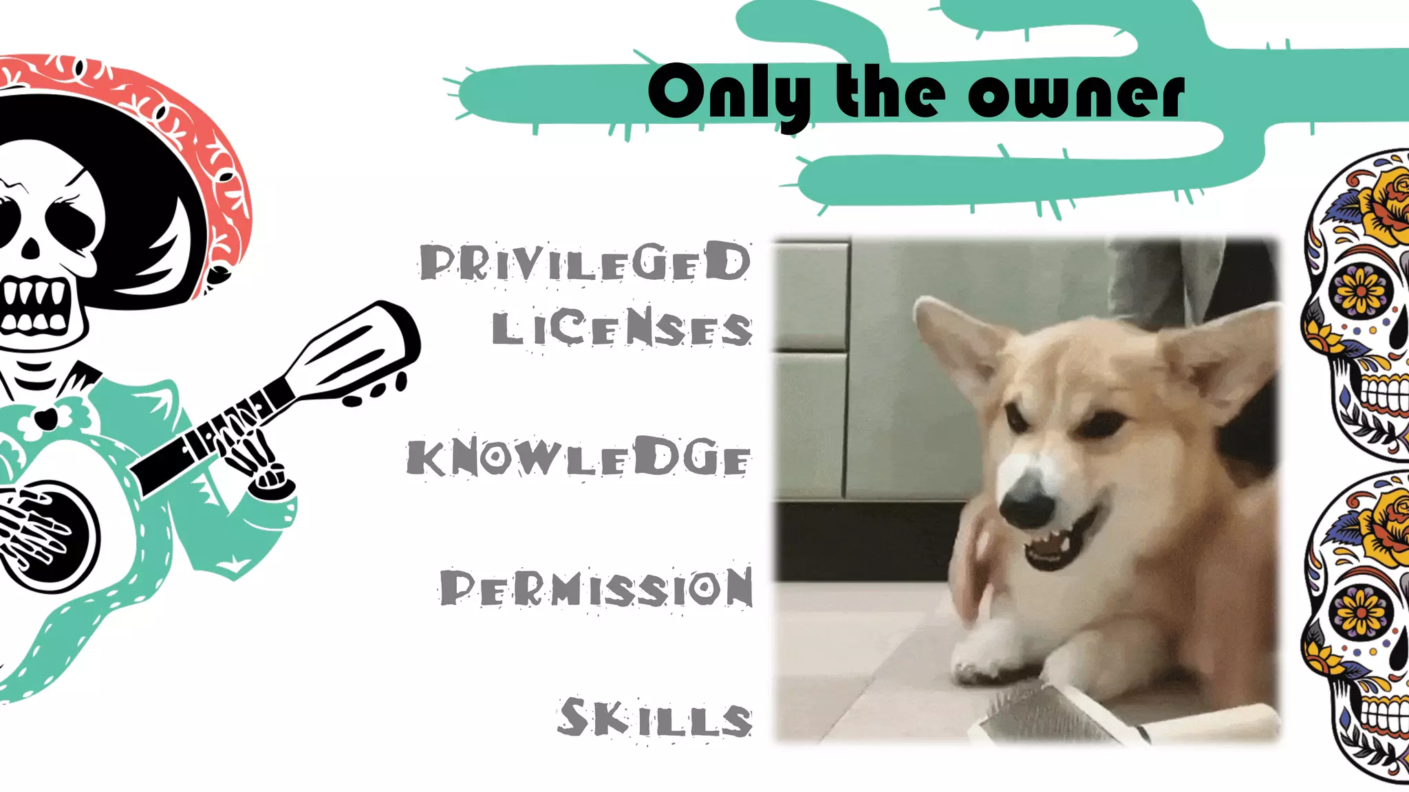 Only the owner
Privileged
Licenses
Knowledge
Permission
Skills
 