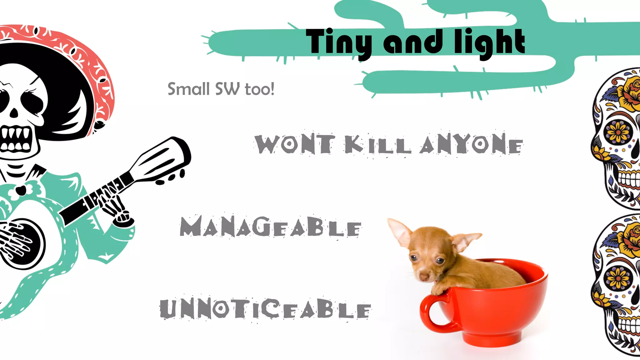 Tiny and light
Wont kill anyone
Manageable . . . . . .. . .
Unnoticeable .. . . . . .. . .
Small SW too!
 