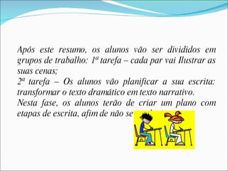 Após este resumo, os alunos vão ser divididos em grupos de trabalho: 1ª tarefa – cada par vai Ilustrar as suas cenas; 2ª tarefa – Os alunos vão planificar a sua escrita: transformar o texto dramático em texto narrativo. Nesta fase, os alunos terão de criar um plano com etapas de escrita, afim de não se perderem.  