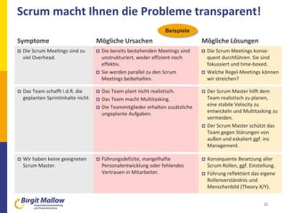 Scrum macht Ihnen die Probleme transparent!
 Die bereits bestehenden Meetings sind
unstrukturiert, weder effizient noch
effektiv.
 Sie werden parallel zu den Scrum
Meetings beibehalten.
22
 Die Scrum Meetings sind zu
viel Overhead.
Symptome Mögliche Ursachen
 Die Scrum Meetings konse-
quent durchführen. Sie sind
fokussiert und time-boxed.
 Welche Regel-Meetings können
wir streichen?
 Das Team plant nicht realistisch.
 Das Team macht Multitasking.
 Die Teammitglieder erhalten zusätzliche
ungeplante Aufgaben.
 Das Team schafft i.d.R. die
geplanten Sprintinhalte nicht.
 Der Scrum Master hilft dem
Team realistisch zu planen,
eine stabile Velocity zu
entwickeln und Multitasking zu
vermeiden.
 Der Scrum Master schützt das
Team gegen Störungen von
außen und eskaliert ggf. ins
Management.
Mögliche Lösungen
 Führungsdefizite, mangelhafte
Personalentwicklung oder fehlendes
Vertrauen in Mitarbeiter.
 Wir haben keine geeigneten
Scrum Master.
 Konsequente Besetzung aller
Scrum Rollen, ggf. Einstellung.
 Führung reflektiert das eigene
Rollenverständnis und
Menschenbild (Theory X/Y).
Beispiele
 