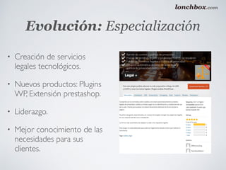 Evolución: Especialización
• Creación de servicios
legales tecnológicos.
• Nuevos productos: Plugins
WP, Extensión prestas...