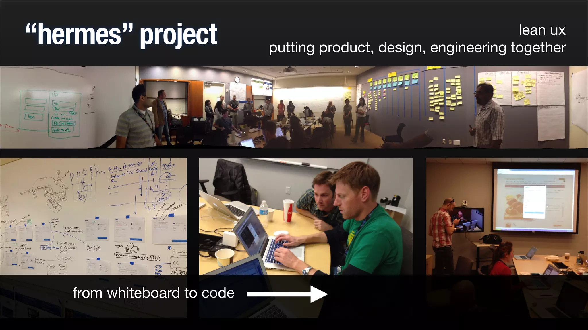 “hermes” project

from whiteboard to code

lean ux 
putting product, design, engineering together

 
